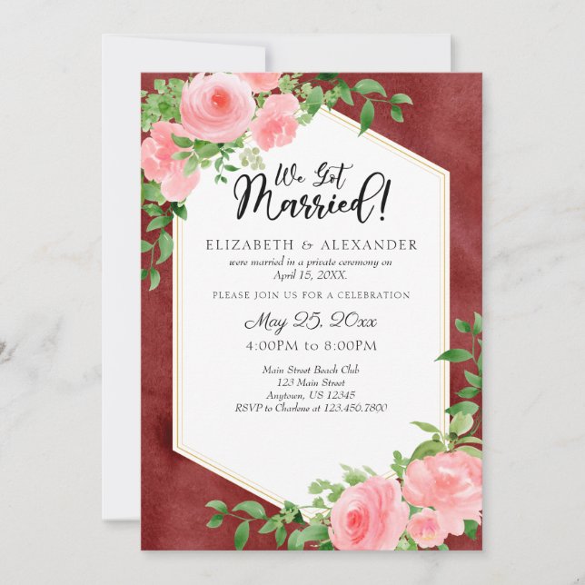 Invitación Nos Casamos Con Elopement, Boda Floral De Borgoña (Anverso)
