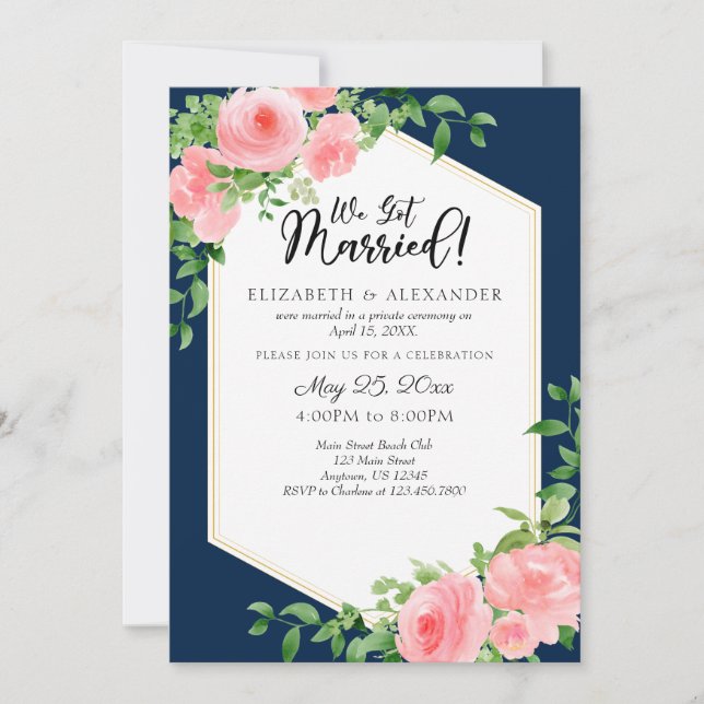Invitación Nos Casamos Con Un Boda Floral Azul Rosa (Anverso)
