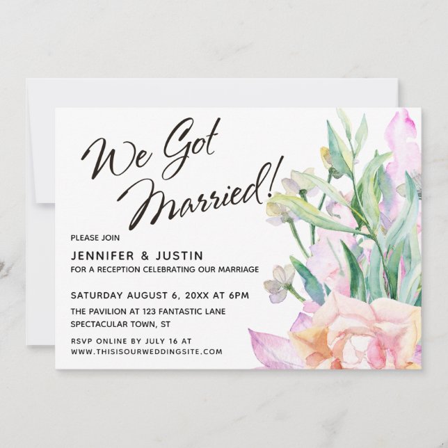 Invitación Nos Casamos Con Un Bouquet Floral De Acuarela Artí (Anverso)