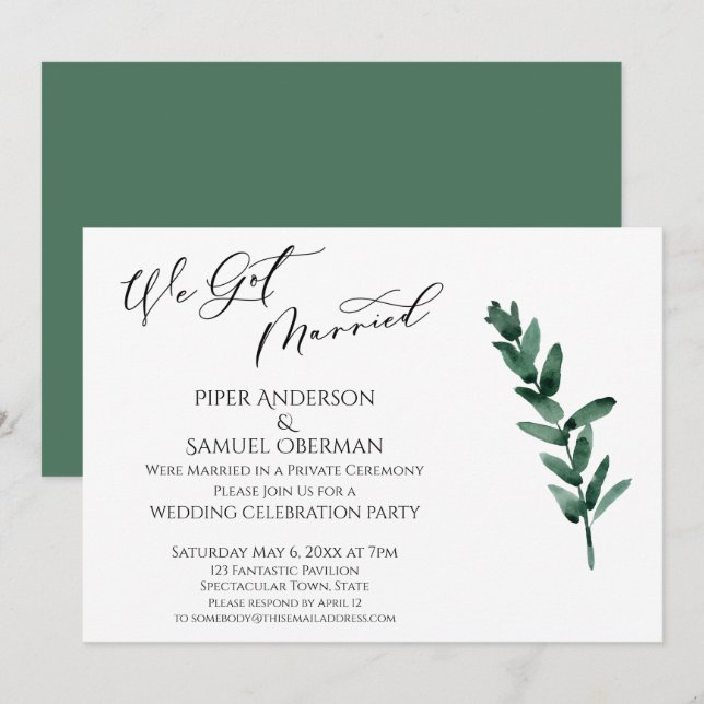Invitación Nos Casamos De Hojas Verdes Pintadas Sólo Recepció (Anverso / Reverso)