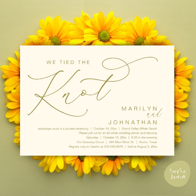 Invitación Nos Casamos, Fiesta de Cena de Boda Fugada (We tied the knot, Wedding Elopement Dinner Romantic Modern Party Invitation Card PDF Yellow Gold)