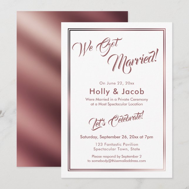 Invitación Nos Casamos Oro Rosa Sobre Blanco, Recepción (Anverso / Reverso)