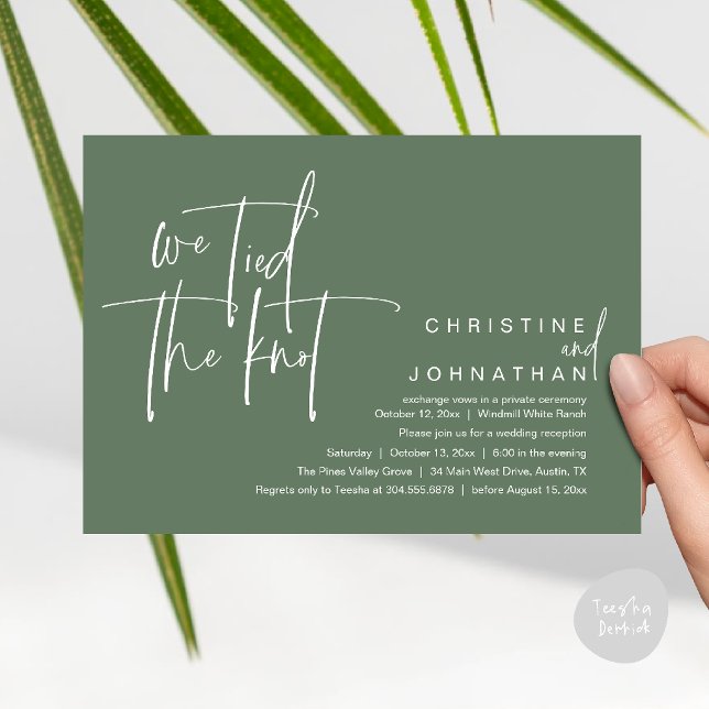 Invitación Nos casamos, Recepción de boda moderna (We tied the knot, Modern wedding reception dinner party Invitation card in forest sage green)
