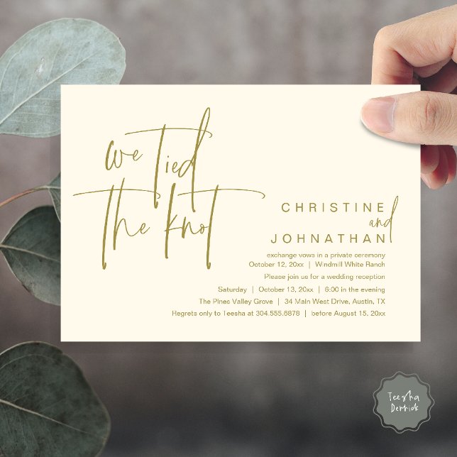Invitación Nos casamos, Recepción de boda moderna (We tied the knot, Modern wedding reception dinner party Invitation card in yellow gold cream)