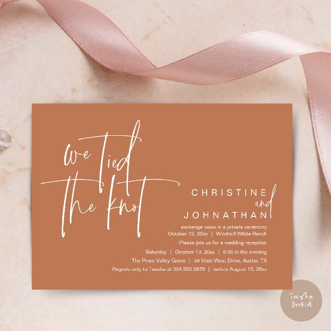 Invitación Nos casamos, Recepción de boda moderna (We tied the knot, Modern wedding reception dinner party Invitation card in terracotta copper brown)