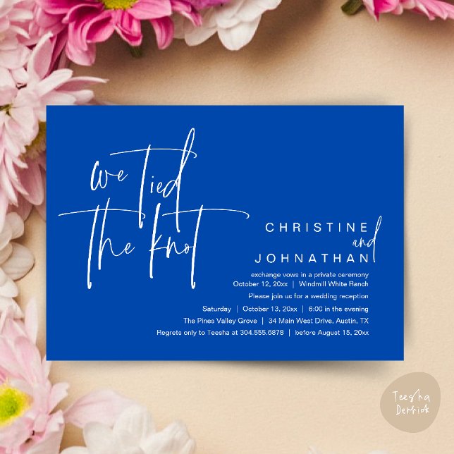Invitación Nos casamos, Recepción de boda moderna (We tied the knot, Modern wedding reception dinner party Invitation card in cobalt blue)