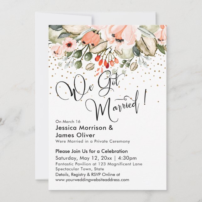 Invitación ¡Nos Casamos! Rubor Florals y Gold Confetti (Anverso)