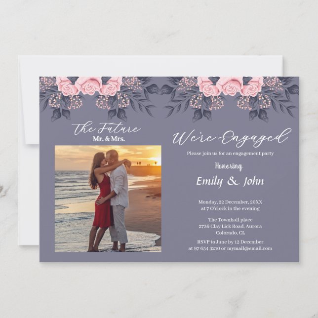 Invitación nos comprometemos floral rosa con foto (Anverso)