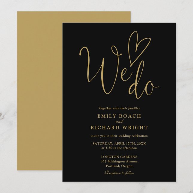 Invitación Nos Encanta El Guión Corazón Negro Y Boda Oro (Anverso / Reverso)