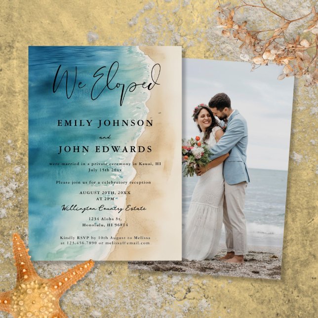 Invitación Nos escapamos Boda de Elopement en Ocean Beach Fot (We Eloped Ocean Beach Elopement Wedding Photo Invitation)