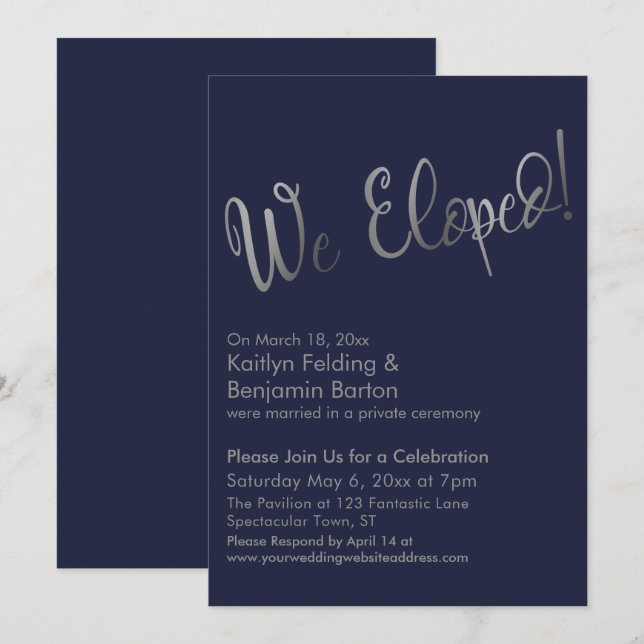 Invitación ¡Nos escapamos! Celebración de boda en plata y azu (Anverso / Reverso)