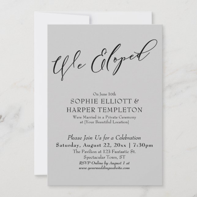 Invitación Nos escapamos, Celebración Gris Simple y Elegante (Anverso)