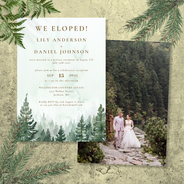 Invitación Nos escapamos Foto de boda de elopement en el bosq (We Eloped Pine Forest Elopement Wedding Photo Invitation)
