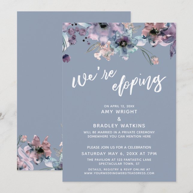 Invitación Nos escapamos Guion Flores de Acuarela Azul Polvo (Anverso / Reverso)
