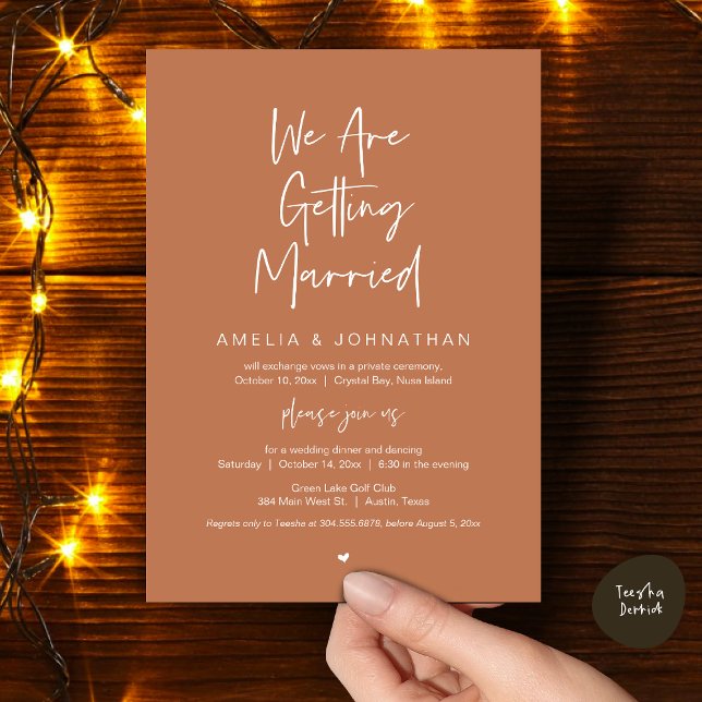 Invitación Nos estamos casando, Cena de Boda Huida Baile (We are getting married, Elopement Dinner Dancing Lunch Brunch Invitation Card, PDF, Copper Brown )