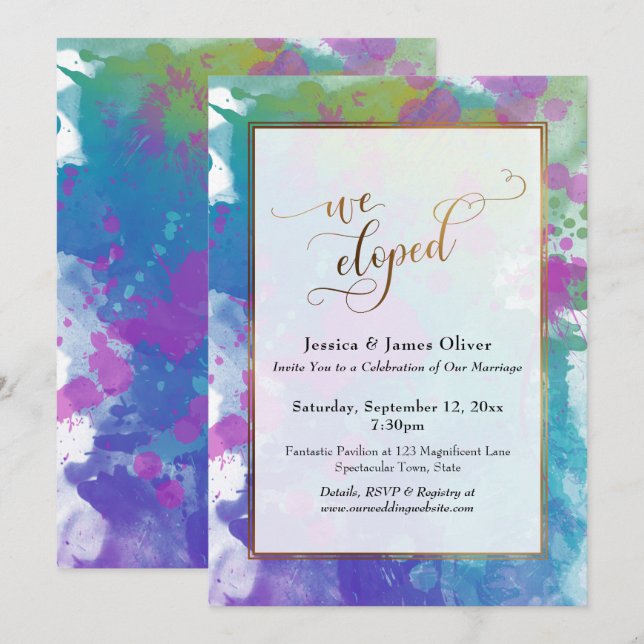 Invitación Nos Fugamos Abstracto Salpicaduras de Pintura Dora (Anverso / Reverso)