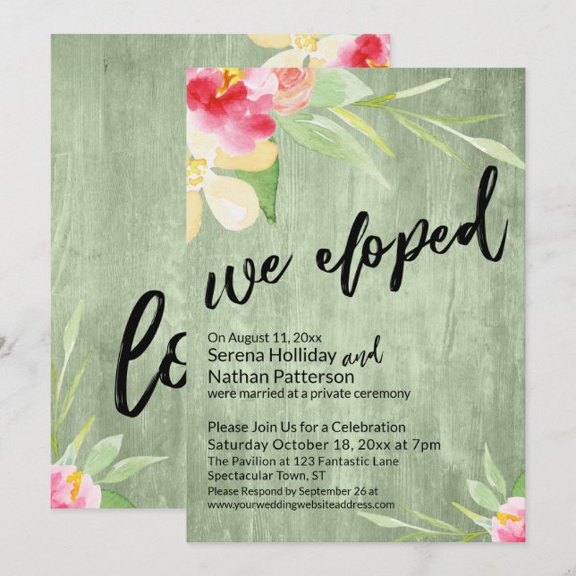 Invitación Nos Fugamos Acuarela Flores & Madera Verde (Anverso / Reverso)
