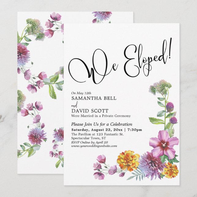 Invitación Nos Fugamos Aquarela Flores Silvestres Recepción (Anverso / Reverso)