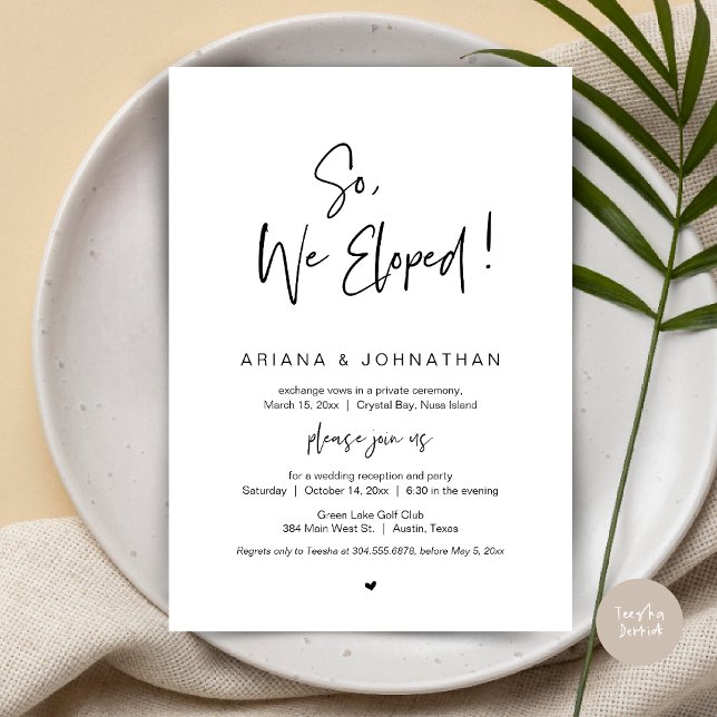Invitación Nos Fugamos, Boda Secreta, Elopamiento de Boda (So, We Eloped, Modern Wedding Elopement Dinner Invitation Card, PDF, in Black and White)