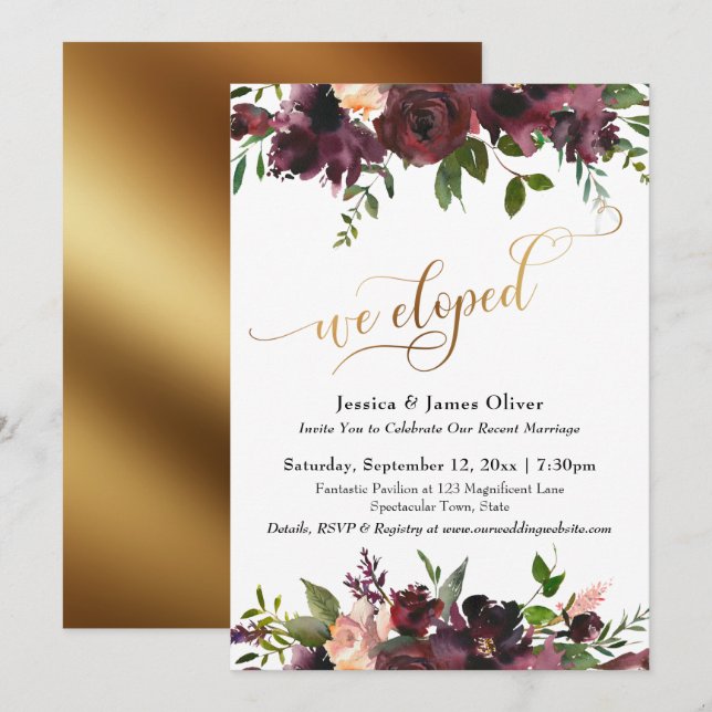 Invitación Nos Fugamos Burdeos Floral Rojo Intenso Guión Dora (Anverso / Reverso)