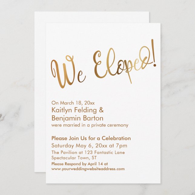 Invitación ¡Nos Fugamos! Celebración de Boda Dorado y Blanco  (Anverso / Reverso)
