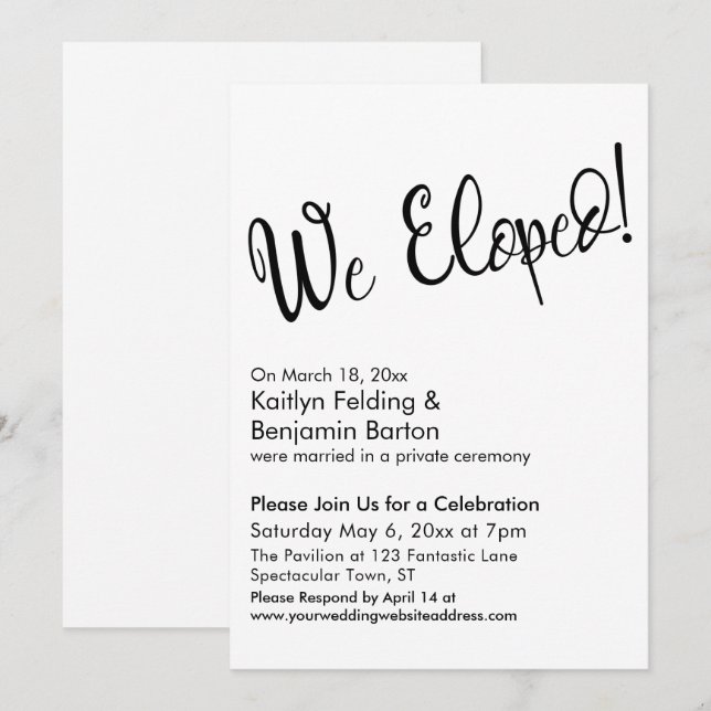 Invitación ¡Nos Fugamos! Celebración de Boda Informal con Let (Anverso / Reverso)