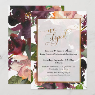 Invitación Nos Fugamos con Guión de Oro, Floral Burdeos Rojo