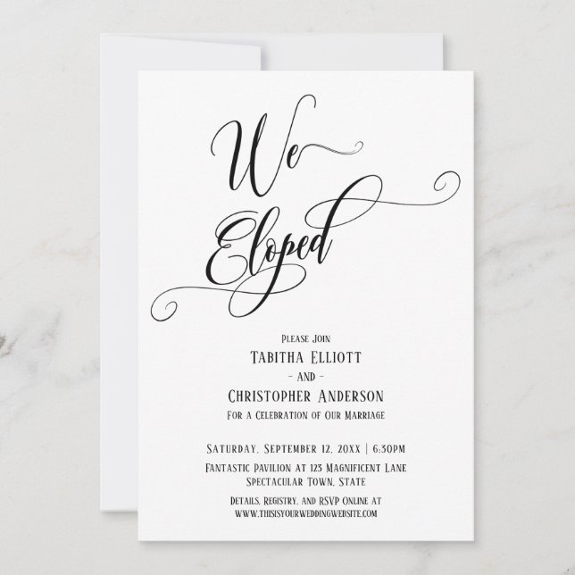 Invitación Nos Fugamos Elaborado Script, Blanco y Negro (Anverso)