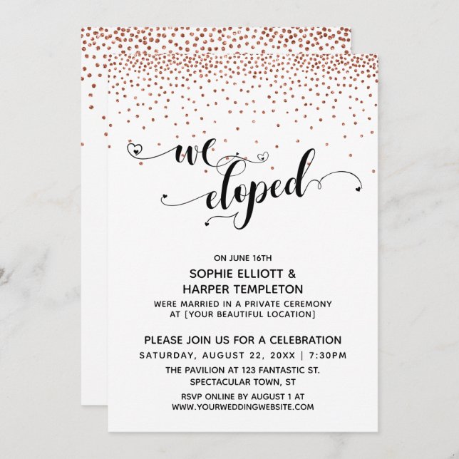 Invitación Nos Fugamos Escritura Cobre Confeti Recepción-Sola (Anverso / Reverso)