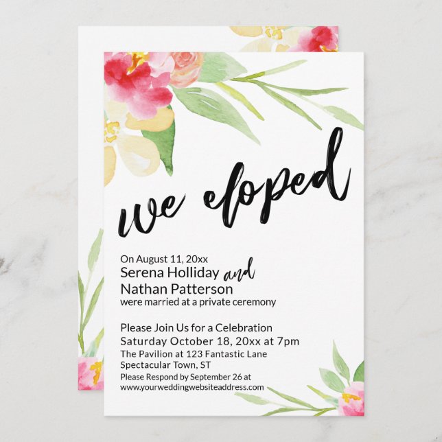 Invitación Nos Fugamos Escritura Informal con Flores de Acuar (Anverso / Reverso)