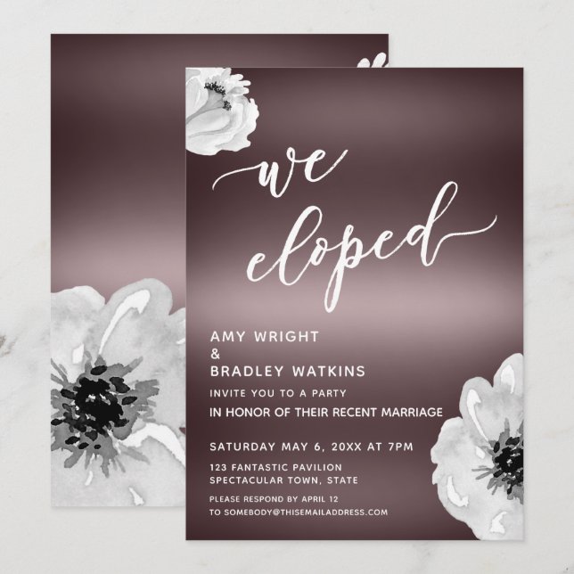 Invitación Nos Fugamos Letra a Mano con Flores y Oro Rosa (Anverso / Reverso)