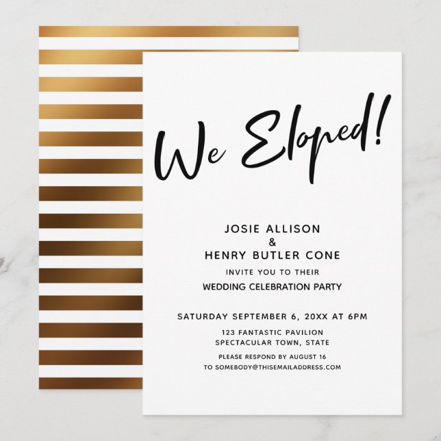 Invitación ¡Nos Fugamos! Recepción de Boda Moderna + Rayas Do (Anverso / Reverso)