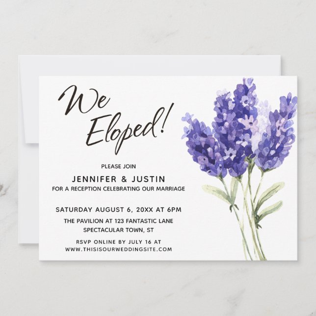 Invitación Nos Fugamos Tipografía Aquarela Flores de Lavanda (Anverso)