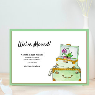 Invitación ¡Nos hemos mudado! Equipaje de acuarela y orquídea
