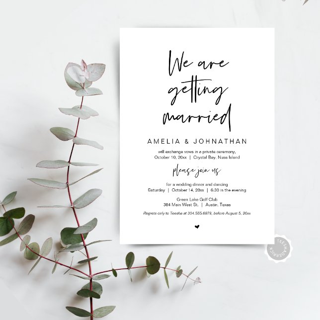 Invitación Nos vamos a casar, bailando la cena de Elopement (We are getting married, Elopement Brunch, Dinner, Party and Dancing, Post wedding Invitation Card)
