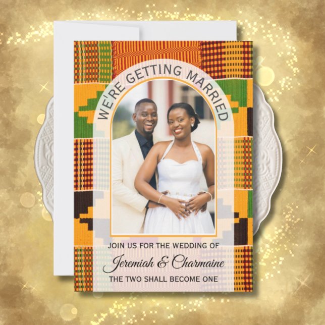 Invitación NOS VAMOS A CASAR BODA Ghanesa CON TEJIDO KENTE (Kente wedding invitation with arch photo template and QR code.)