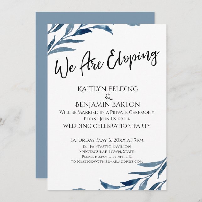 Invitación Nos Vamos de Boda Hojas Pintadas de Azul Recepción (Anverso / Reverso)