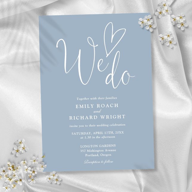 Invitación Nosotros Amamos Corazón Script Azul Polvoriento Bo (We Do Love Heart Script Dusty Blue Wedding Invitation)