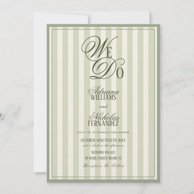 Invitación Nosotros hacemos elegante rayado marfil verde boda (Anverso)