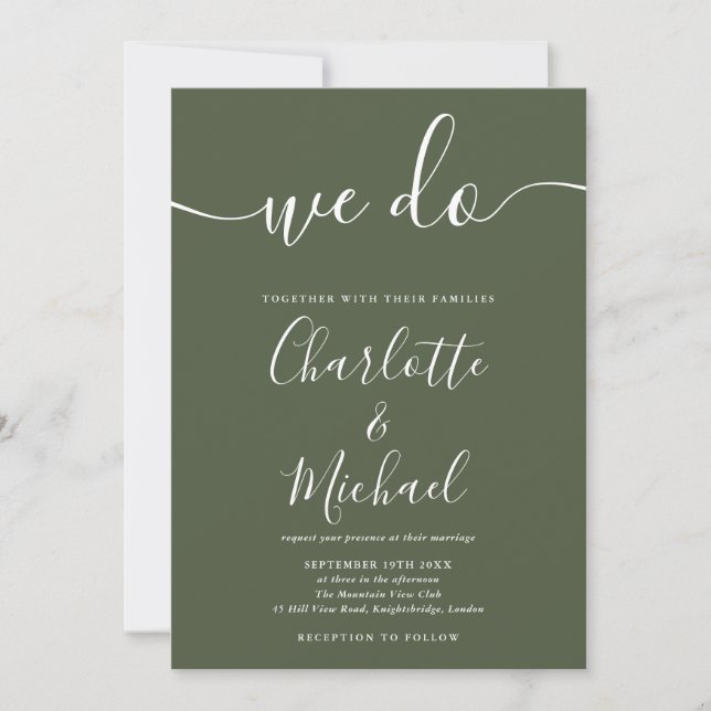 Invitación Nosotros hacemos Olive Green Signature Script Boda (Anverso)