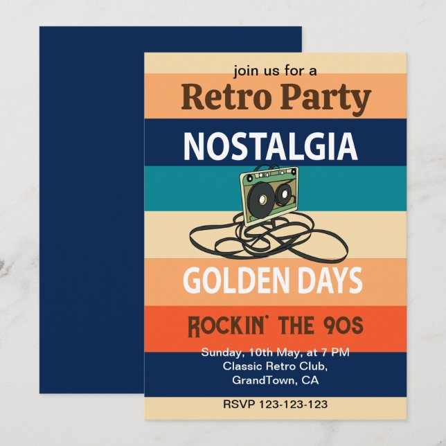 Invitación Nostalgia Días de Oro Cinta Retro Fiesta (Anverso / Reverso)