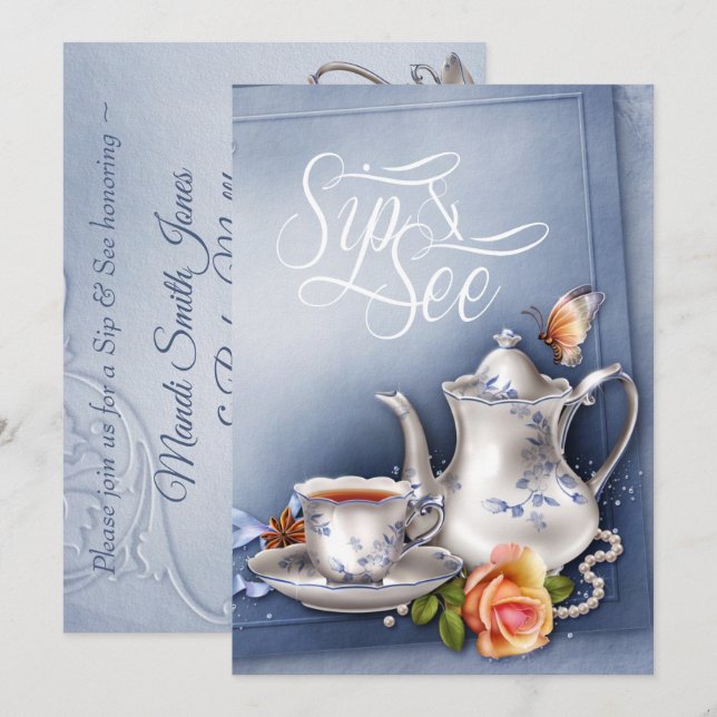 Invitación Nostalgic Blue Tea Fiesta Sip y Ver Baby Shower (Anverso / Reverso)