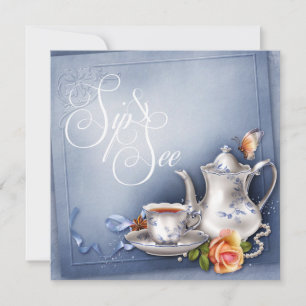 Invitación Nostalgic Blue Tea Time Sip y Ver Baby Shower