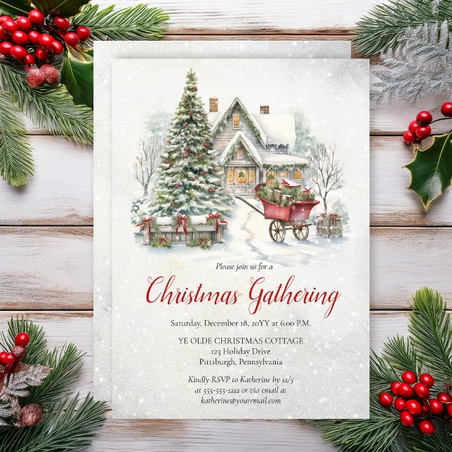 Invitación Nostalgic Vintage Cottage Christmas Gathering (Nostalgic Vintage Cottage Holiday Christmas Gathering Invitation - Print | Digital Download)