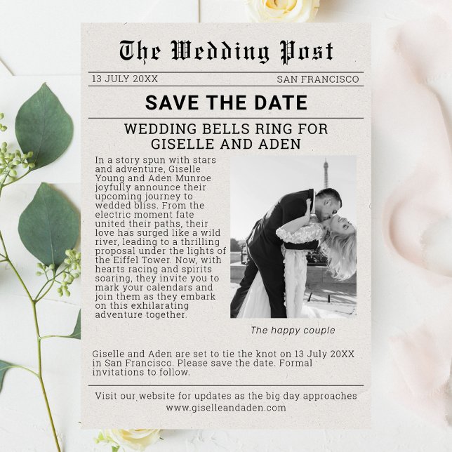 Invitación Nostálgica boda de periódicos salva la fecha (Newspaper Wedding Save the Date)