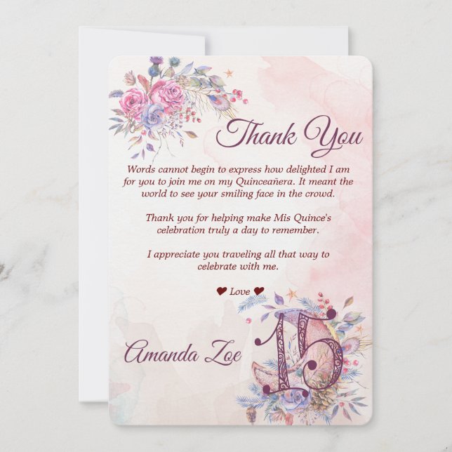 Invitación Nota de agradecimiento de Quinceañera (Anverso)