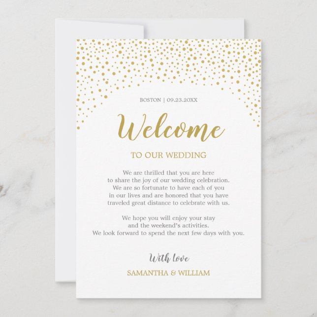 Invitación Nota de bienvenida de Boda de Confetti Gold | Colo (Anverso)