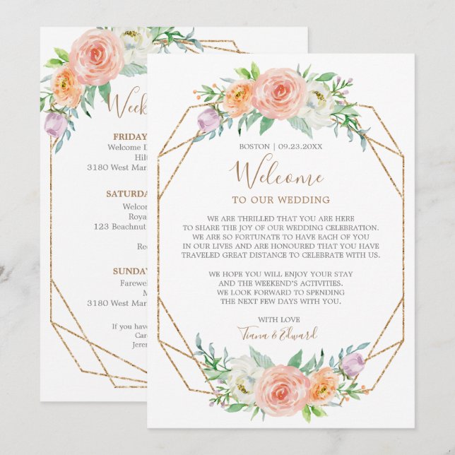 Invitación Nota de bienvenida de boda de flor de acuarela geo (Anverso / Reverso)