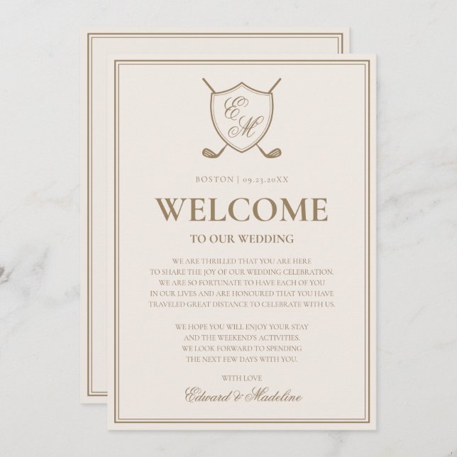 Invitación Nota de Bienvenida de Boda de Golf con Monograma d (Anverso / Reverso)