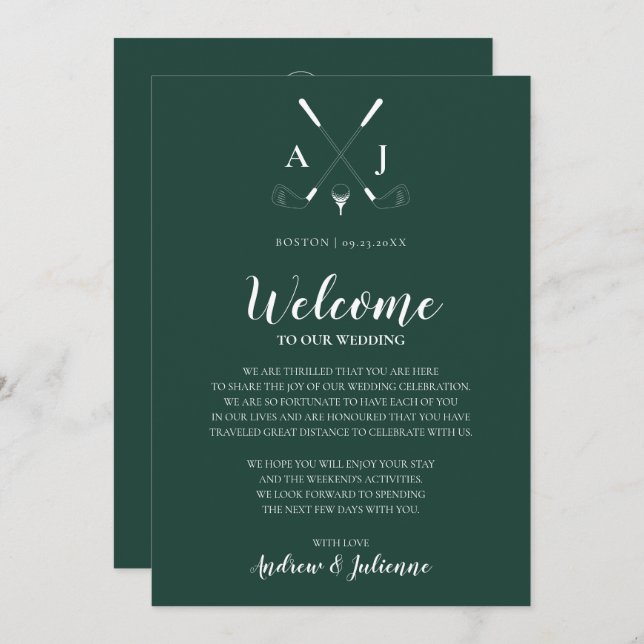 Invitación Nota de Bienvenida de Boda de Golf con Monograma V (Anverso / Reverso)